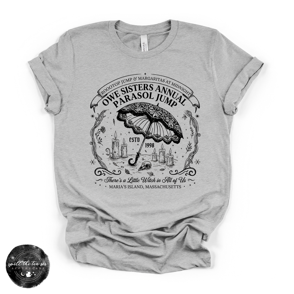 Owe Sisters Annual Parasol Jump Tee | Vintage Witch Halloween Graphic T-Shirt {BLACK DESIGN}
